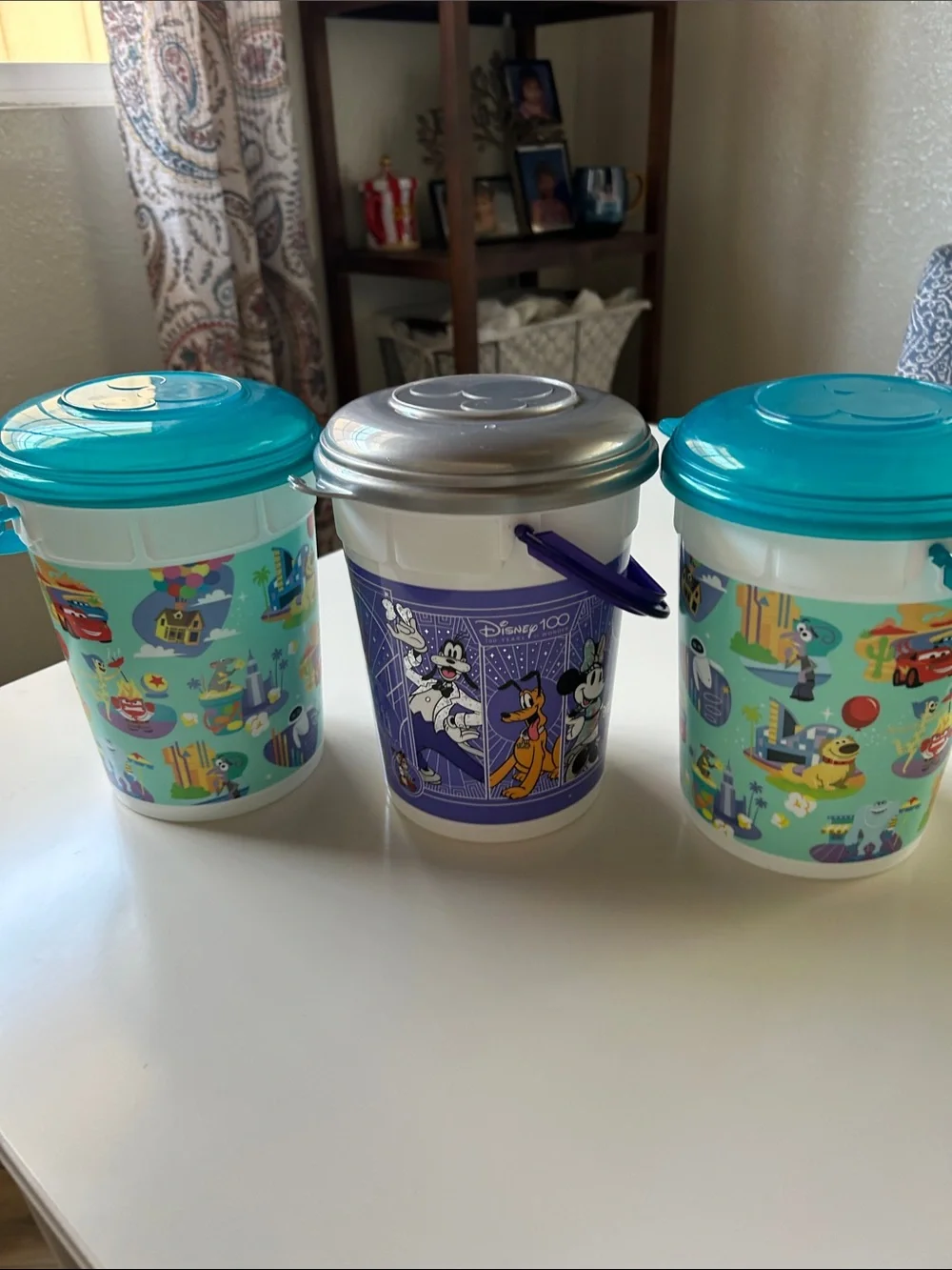 Disney Popcorn Buckets with Teal and Silver Lids